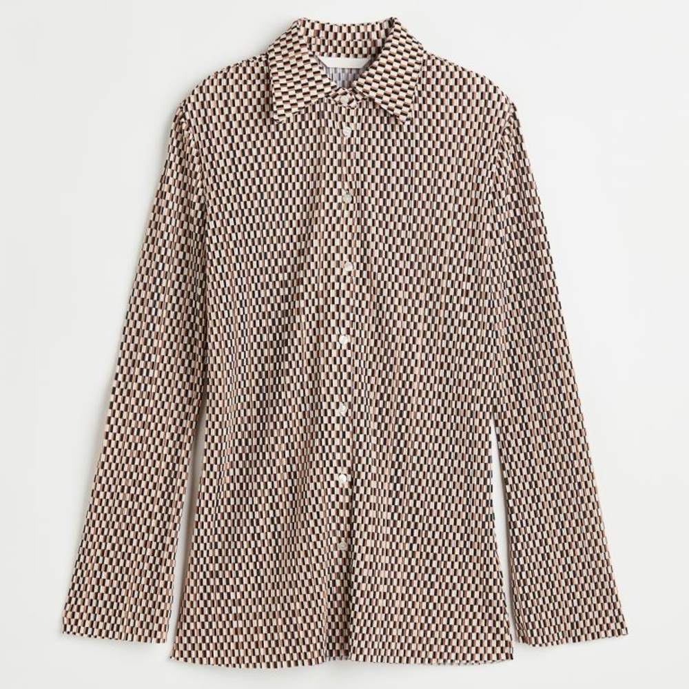 HM NEUTRAL PATTERN PLISSE BUTTON DOWN TOP - image 1